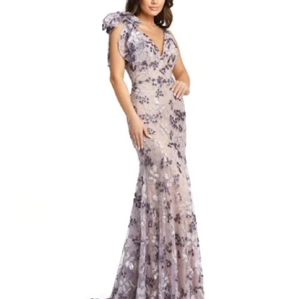 MacDuggal all over floral beaded embroidery mermaid sleeveless bow Beaded gown